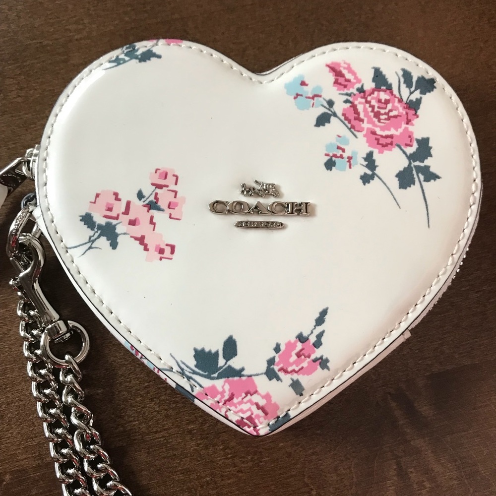 Coach Patent Heart Shape Floral Print Coin Case - Picture 2 of 5